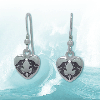 Silver heart and dolphins earrings
